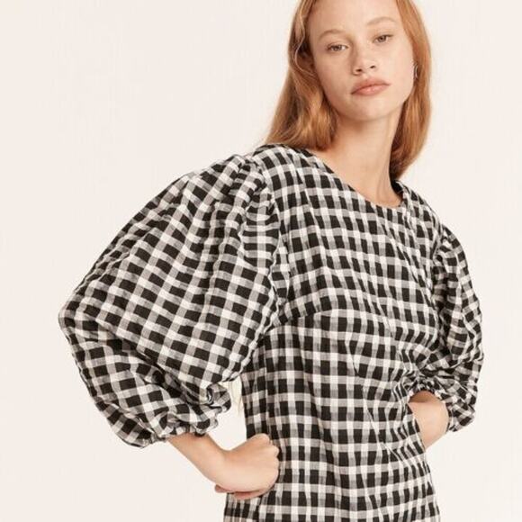 J.Crew Puff Sleeve Gingham Mini Dress Black White Textured Check Size XXS - Picture 4 of 9